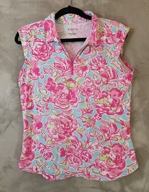 Icikuls Size L Pink Blue Green Floral Stretch Sleeveless 1/4 Zip Polo Top
